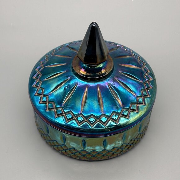 Vintage Indiana Glass Princess Candy Dish Blue Carnival Dish Lidded Vanity - Picture 4 of 11